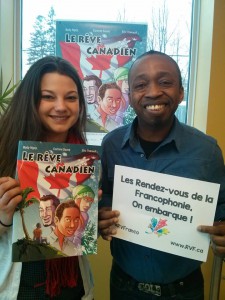 Corinne Sauvé et Body Ngoy au lancement de la bande dessinée Le Rêve canadien, le 19 février 2015.