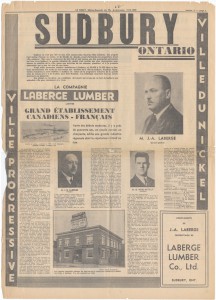 Reportage sur la grande compagnie de bois de Sudbury, fondée par J. A Laberge. Reproduit du journal Le Droit, Édition-Souvenir du 25e anniversaire, 1913-1938, section 4, p. 5. Source: Université d'Ottawa, CRCCF, PER1598.