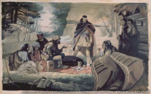 Radisson et Des Grosseillers établissent le commerce de fourures dans le Nord-Ouest.  Source : Musée Mccord. M993.154.313