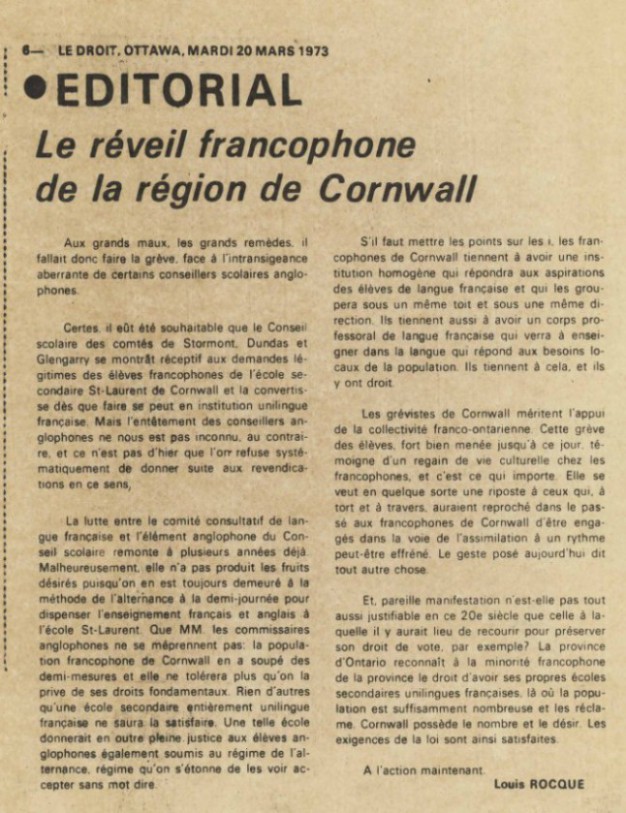 Le Droit, Éditorial sur les revendications des francophones de la région de Cornwall. (1973) Source:  Fonds Association des enseignantes et des enseignants franco-ontariens(C50) © Université d’Ottawa, CRCCF, 2012
