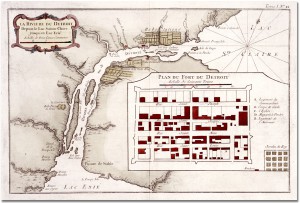 Carte du Détroit, 1764. Région de la rivière de Détroit où se trouvait Potier lors de la rédaction de son lexique. Source : L'encyclopédie du patrimoine culturel de l'Amérique française. 
