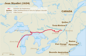 Carte illustrant le voyage de Jean Nicollet. Source : Musée canadien de l'histoire.