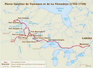 Carte du parcours de La Verendrye (1732-1739). Source : site Web du Musée canadien de l'histoire. 