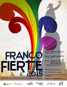 Affiche de la Franco fierté de 2015 destiné à la célébration du  400ème anniversaire de présence française en Ontario. Source : site Web de FrancoQueer.  