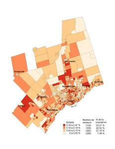 Répartition des francophones sur le territoire de la région métropolitaine de recensement de Toronto selon les secteurs de recensement.  Source(s) : Statistique Canada, Recensement de la population de 2006.