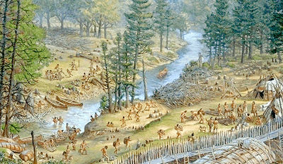 "Huronia" : Activités au bord de la rivière. Œuvre de Lewis Parker. Source : Encyclopédie canadienne. 