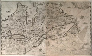 Carte de la Nouvelle-France par Samuel de Champlain, première publication en 1632, carte extraite de Voyages de la Nouvelle-France, 1640 (Bibliothèque de référence de Toronto)